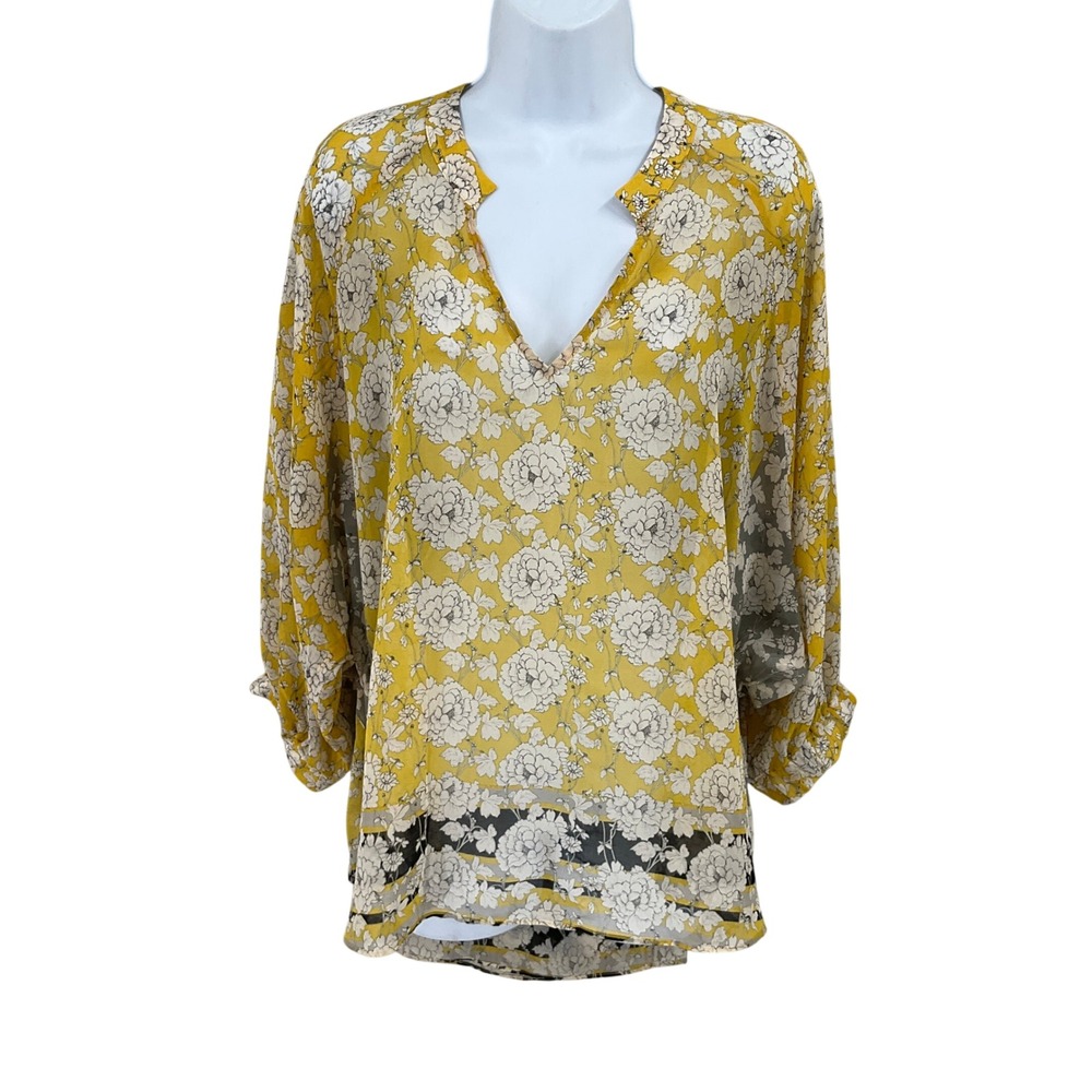 Cabi Floral Tunic Blouse Womens Medium Yellow Boho Chiffon Office Church Modest